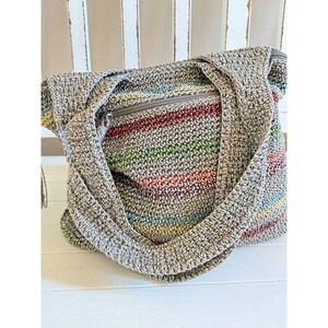 The Sak Crochet Hobo Bag Multi Color Striped Zip Shoulder Bag Tassel Taupe Mens